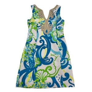 LILLY PULITZER Iconic Janice Gold Trim Shift Dress Woman’s Sz 6 Beach Preppy